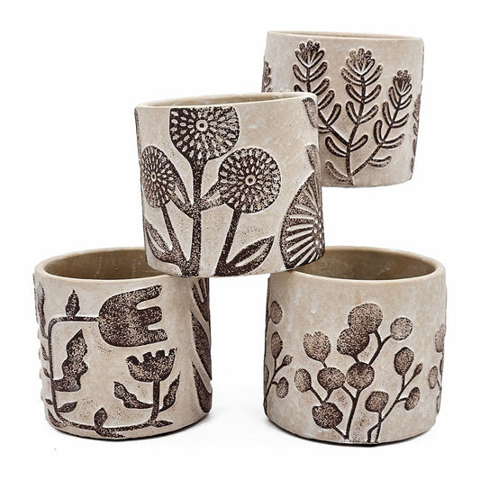 Set of 4 4.3x4.3x4' Gray Sand and Cement Planters with Brown Botanical