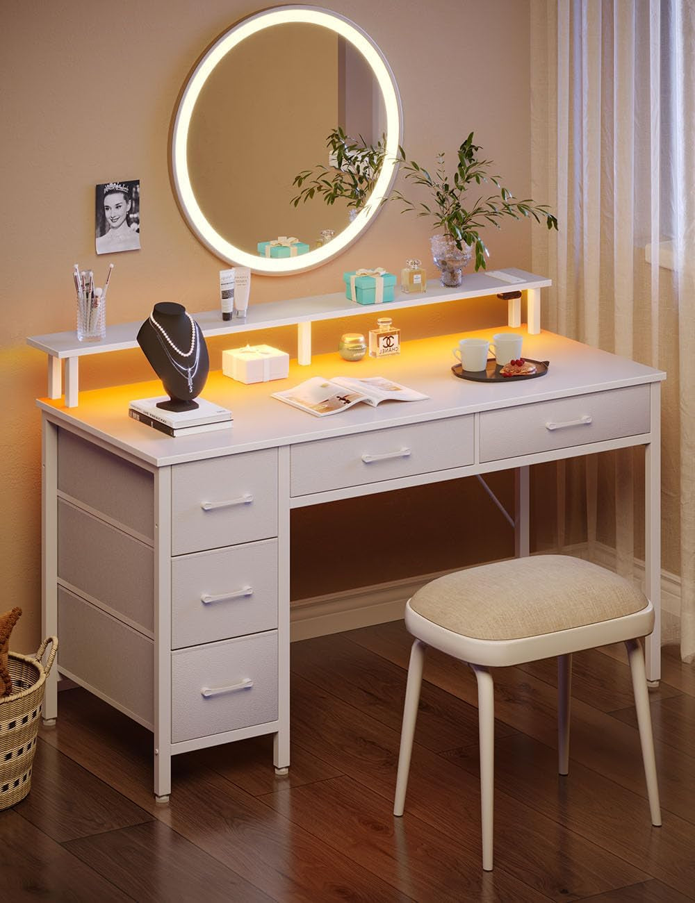 Computer Desk with Power Outlets & LED Light, 39 Inch Home Office Desk