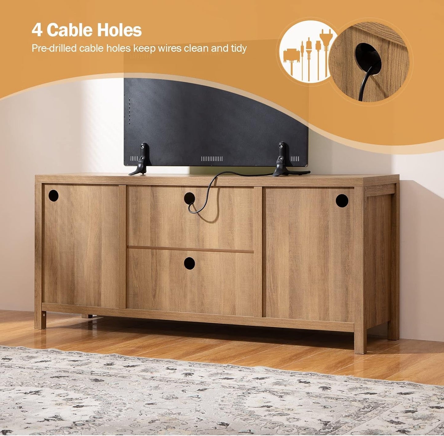 TV Stand for Living Room : Rattan TV Console Cabinet with Storage and