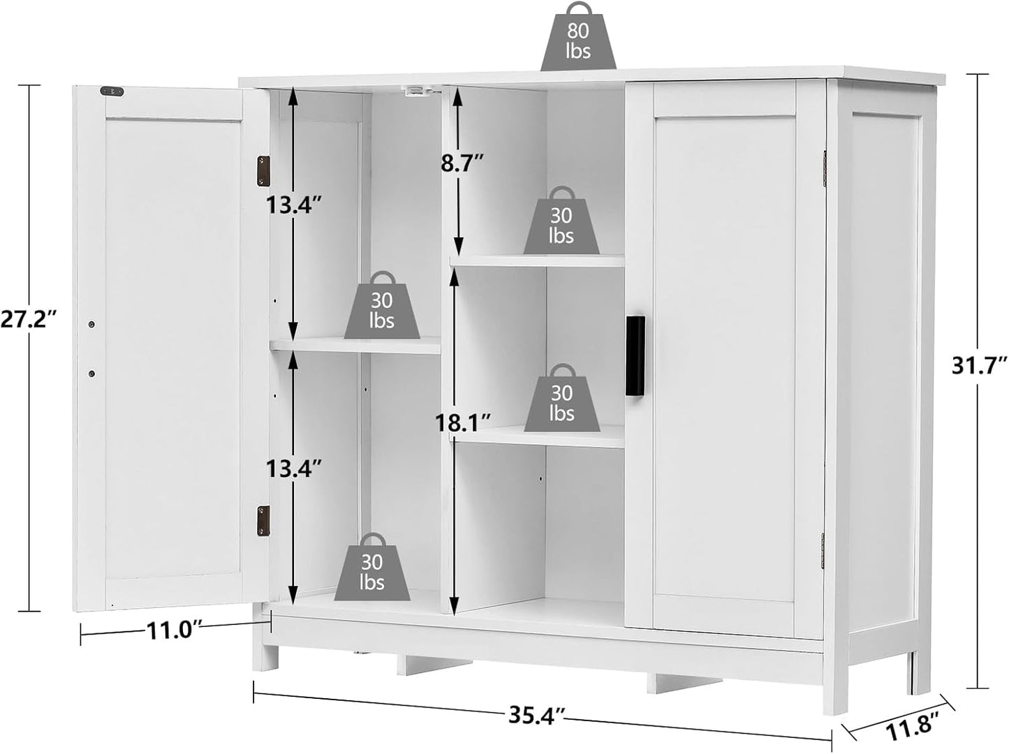 Storage Cabinet with 2 Doors and 4 Storage Shelves, Credenza Buffet