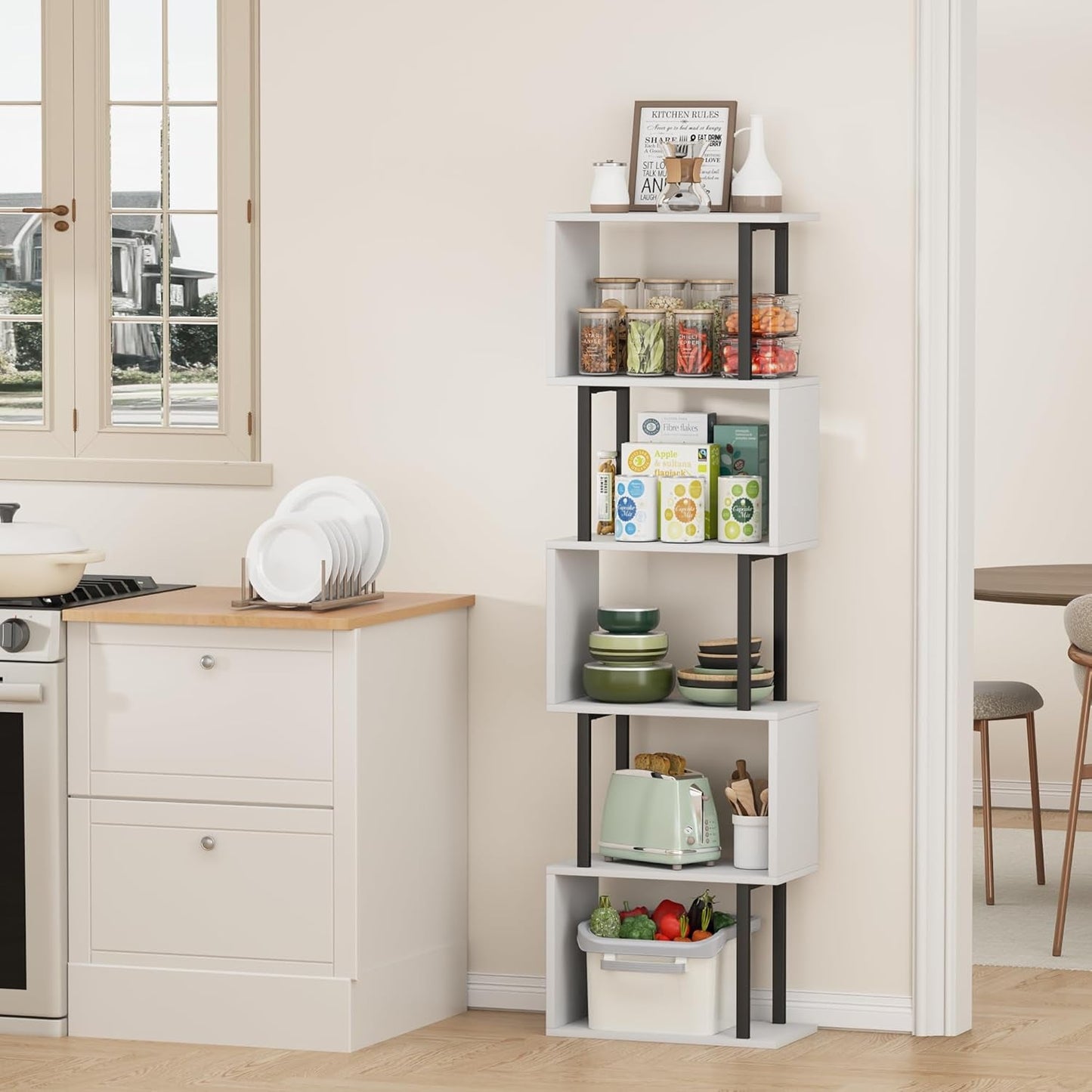 5-Tier Bookshelf, Narrow S-Shaped Geometric Bookcase, Wood Decorative