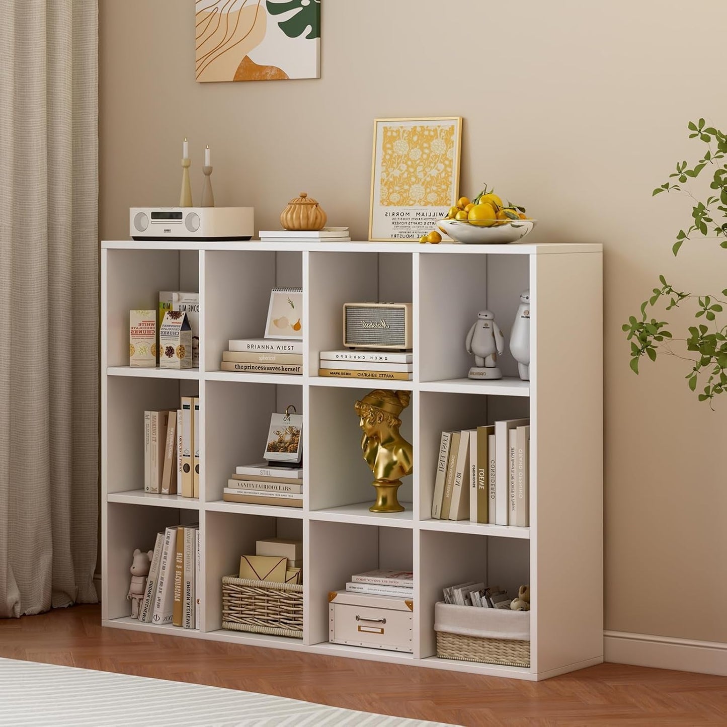 12-Cube Storage Shelf Bookcase - Wooden 3-Tier Floor Standing Open