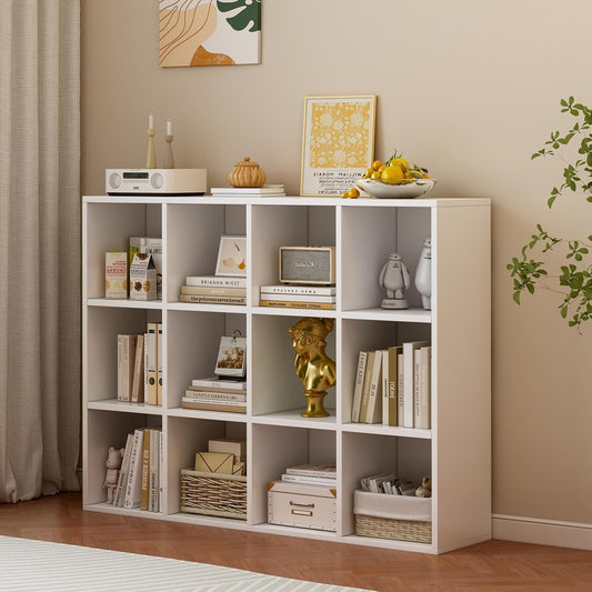 12-Cube Storage Shelf Bookcase - Wooden 3-Tier Floor Standing Open