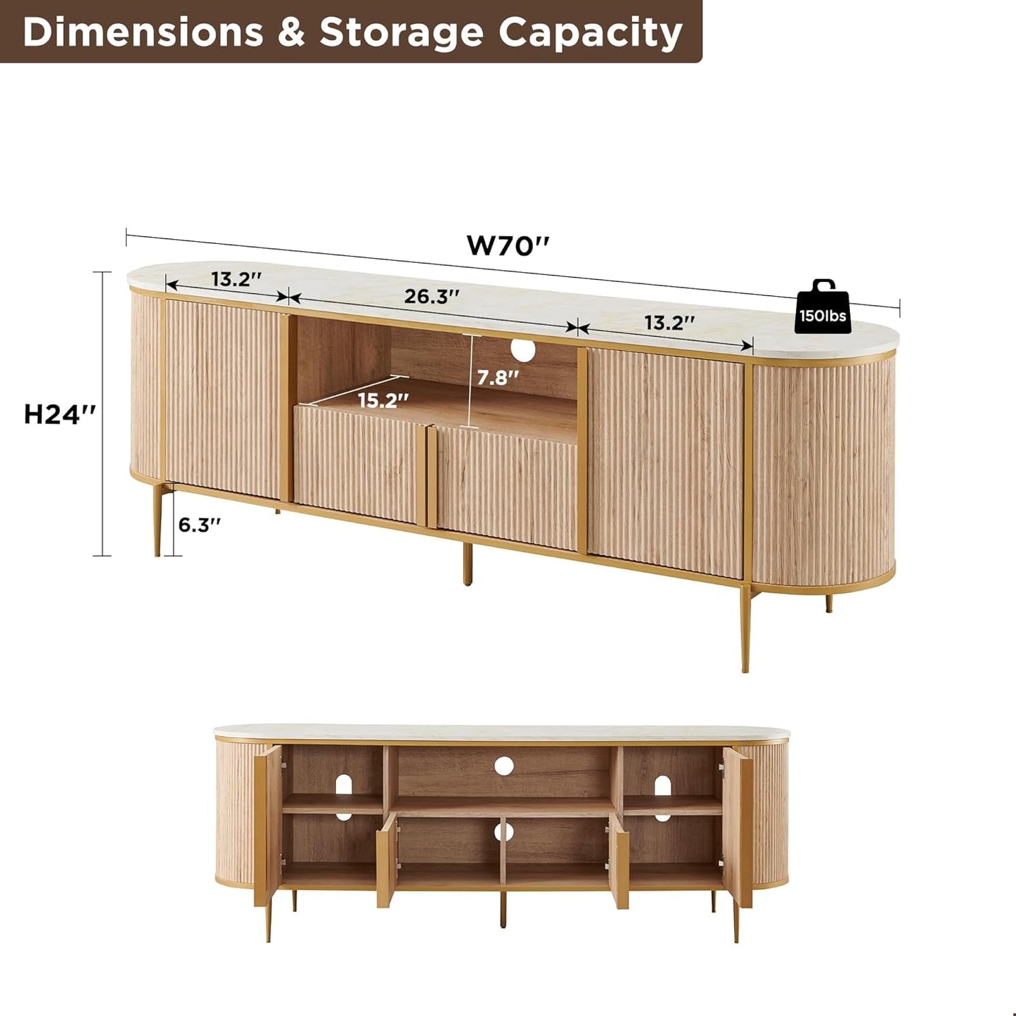 Luxury 70" Fluted TV Stand, Modern Chic Entertainment Center for Tvs
