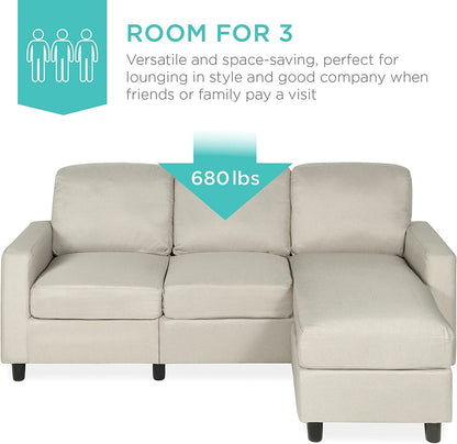 Compact Beige Linen Sectional Sofa with Chaise Lounge