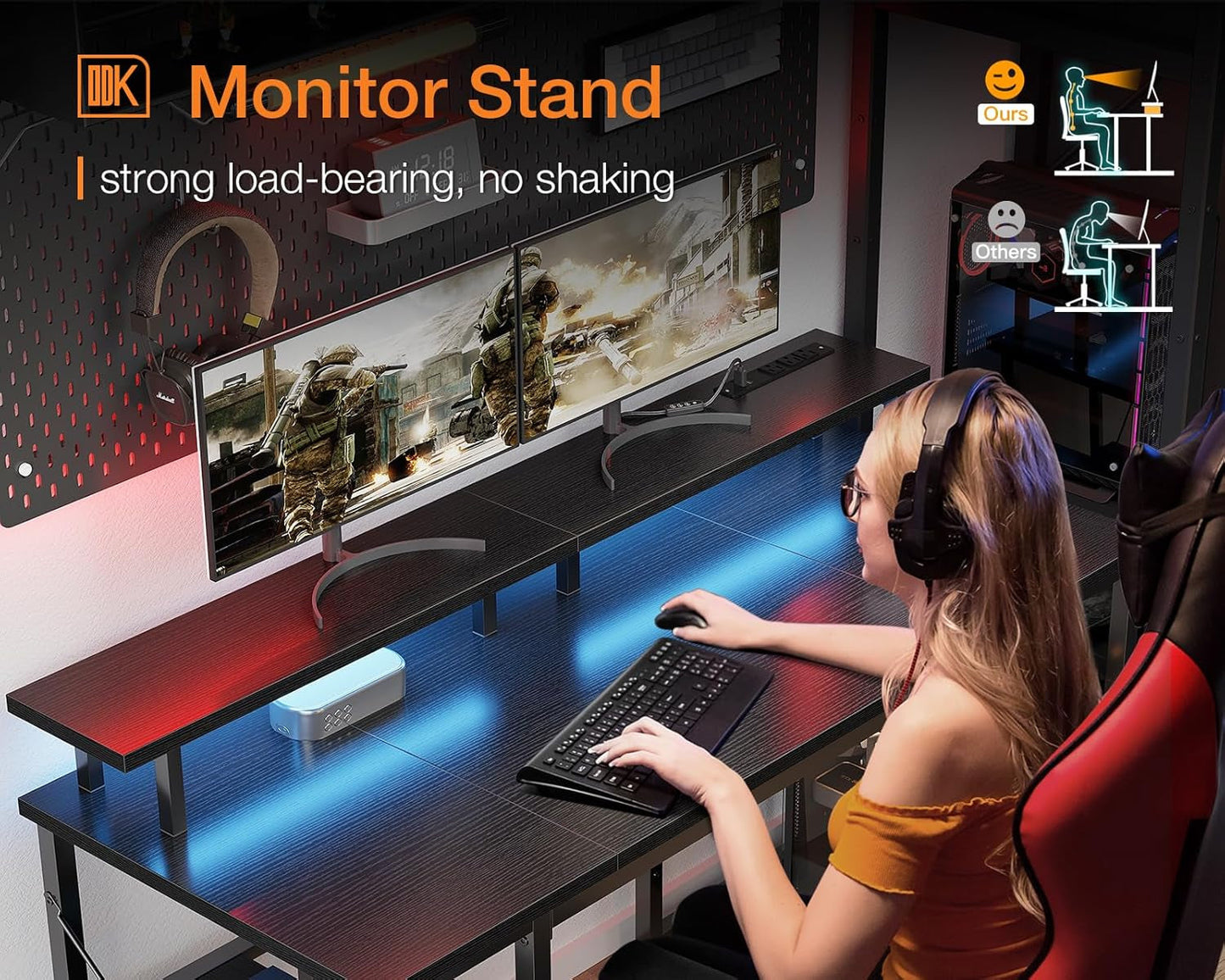 48 Inch Gaming Desk with LED Lights & Power Outlets, Computer Desk