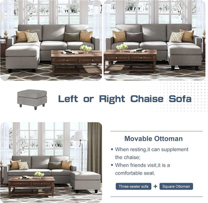 Light Grey Linen Convertible L-Shaped Sectional Sofa