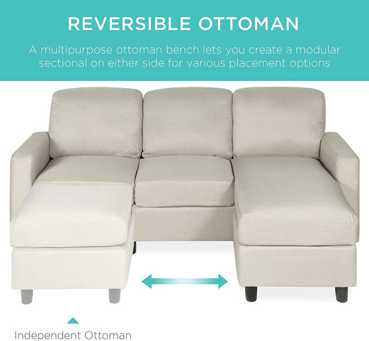 Compact Beige Linen Sectional Sofa with Chaise Lounge