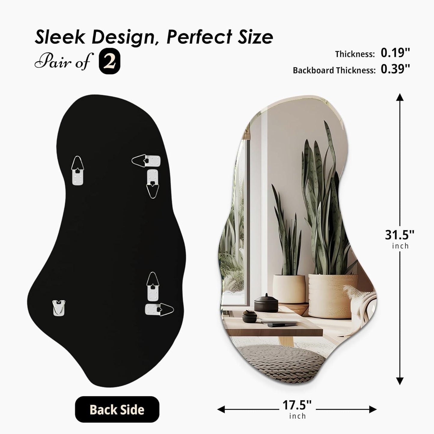 Set of 2 Irregular Wall Mirrors, 31.5 X 17.5, Asymmetrical Curved