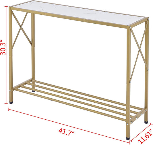 Gold and White Narrow Console Table with Shelves