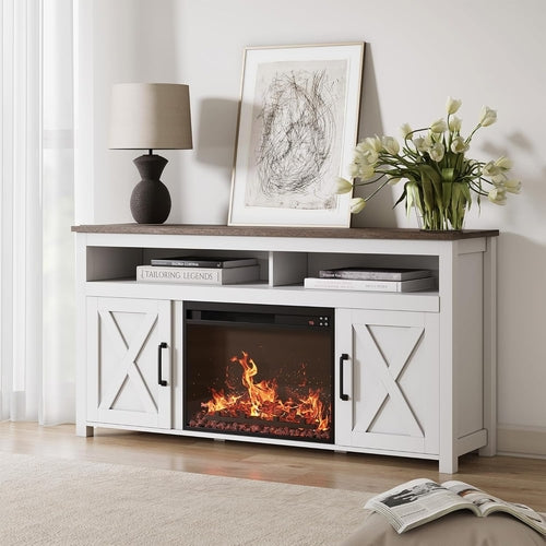 58" White Farmhouse Fireplace TV Stand for 65" TV