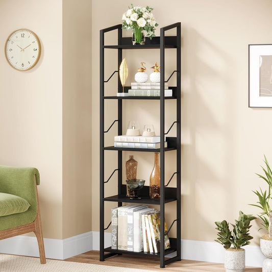 5 Tier Narrow Bookshelf: Tall Bookcase Shelf with Edge Protection,