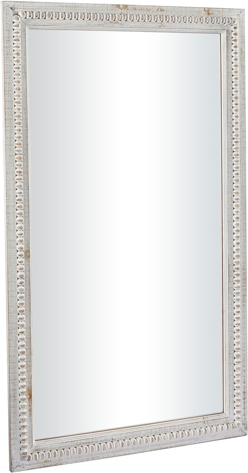 Handcrafted Wooden Beaded Wall Mirror, 28 X 1 X 48, Elegant White