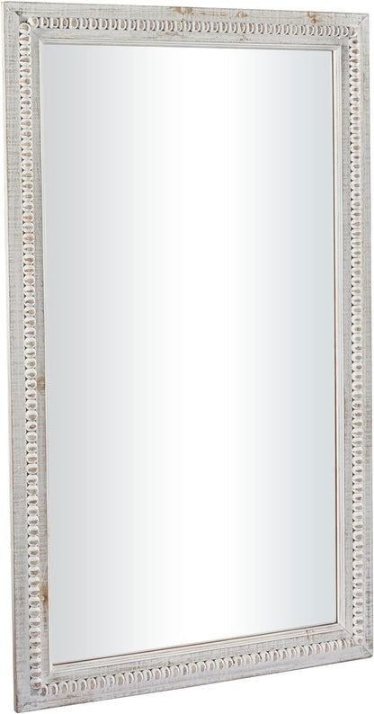 Handcrafted Wooden Beaded Wall Mirror, 28 X 1 X 48, Elegant White