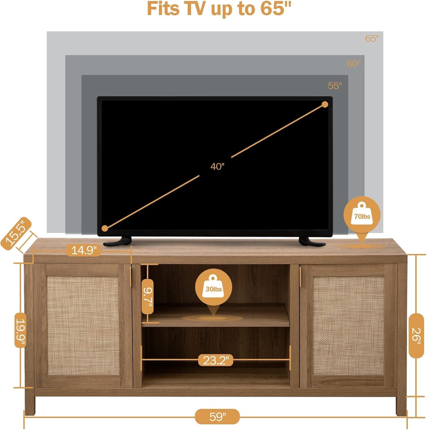 TV Stand for Living Room : Rattan TV Console Cabinet with Storage and