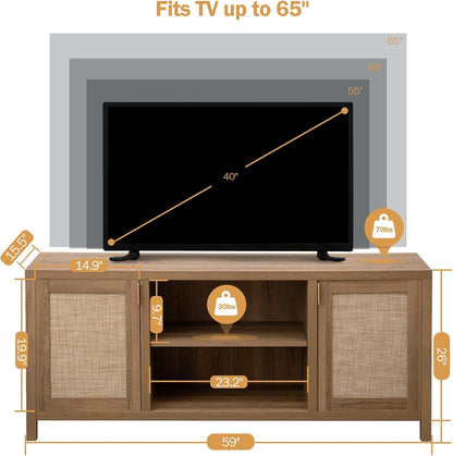 TV Stand for Living Room : Rattan TV Console Cabinet with Storage and