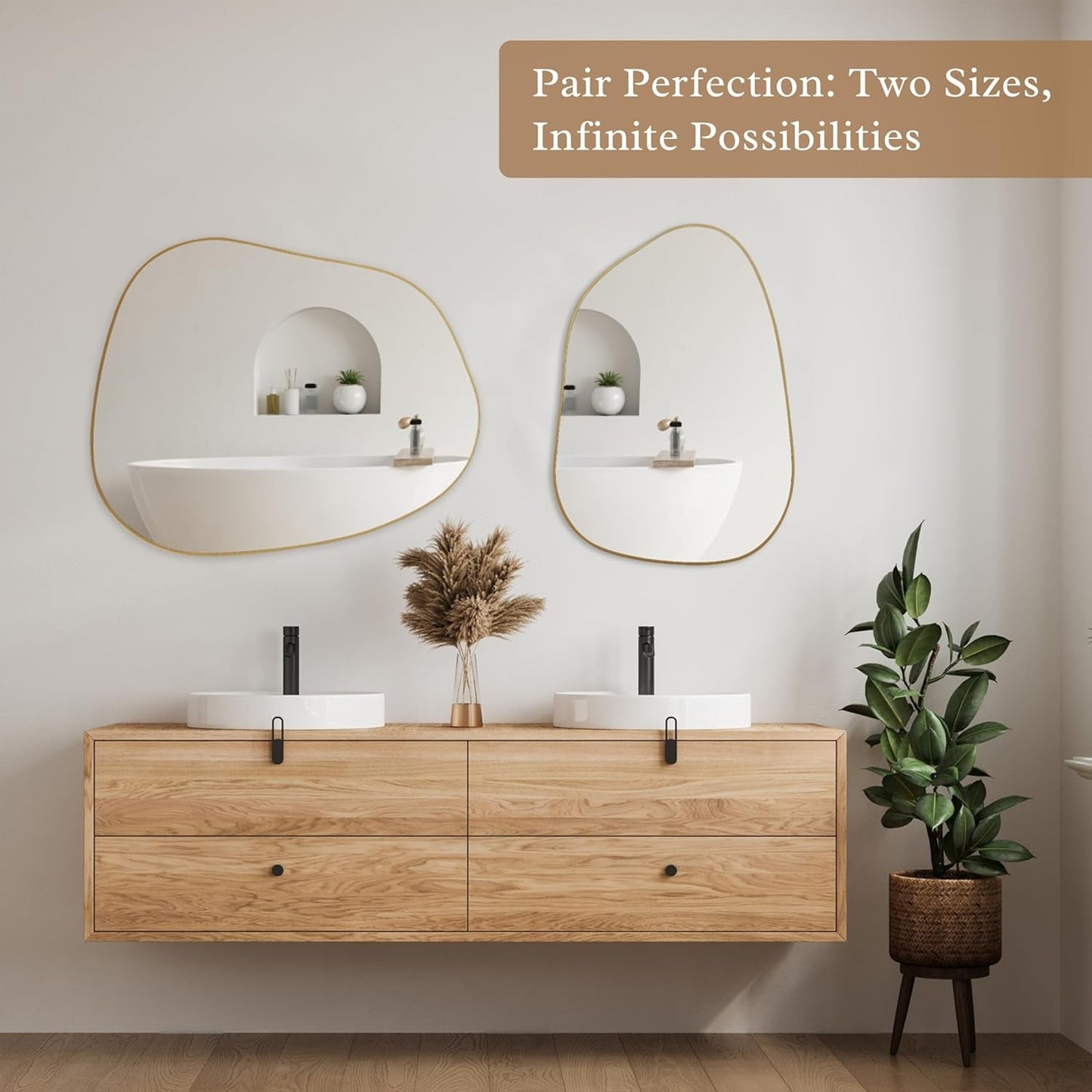 Contemporary Asymmetrical Wall Mirror with Golden Wood Frame - Ideal