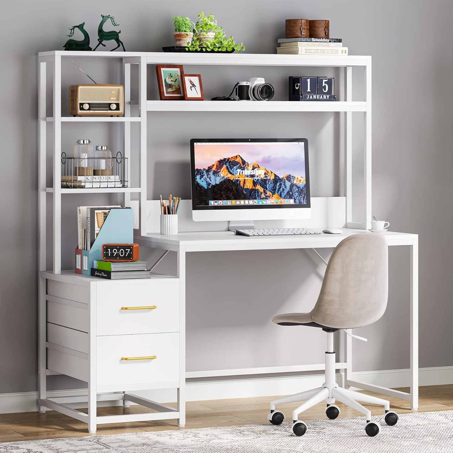 55 Inch Computer Desk with 2 Drawers and Storage Shelves, Rustic