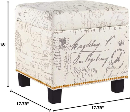 Neutral Beige Script Ottoman with Storage Square