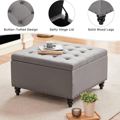 Grey Tufted Ottoman with Storage for Living Room