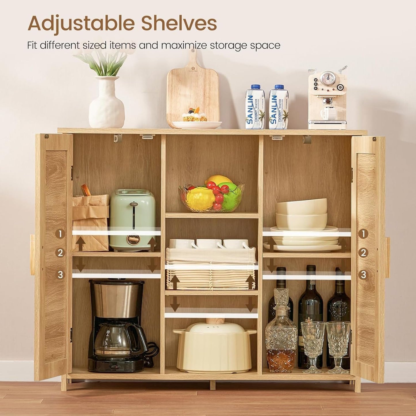 Storage Cabinet, Rattan Cabinet with 4 Adjustable Shelves, Coffee Bar