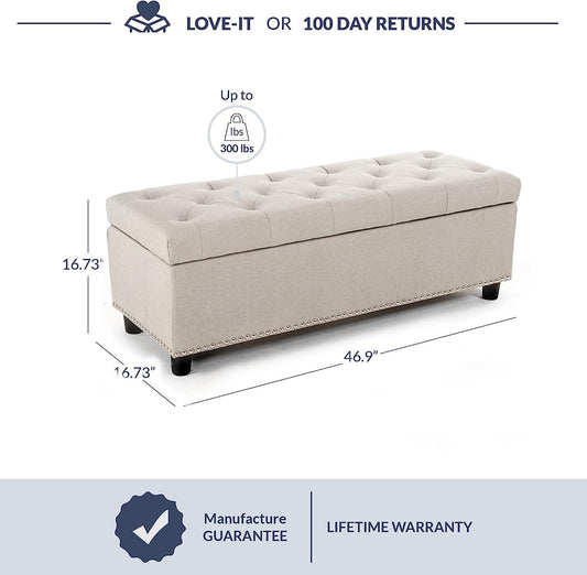 Button-Tufted Ottoman with Storage - Beige
