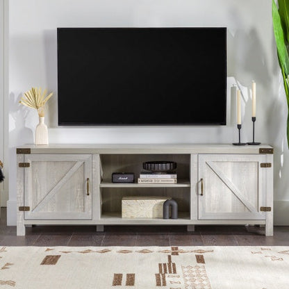 Rustic Farmhouse Double Barn Door TV Stand For TVs With Center Shelves