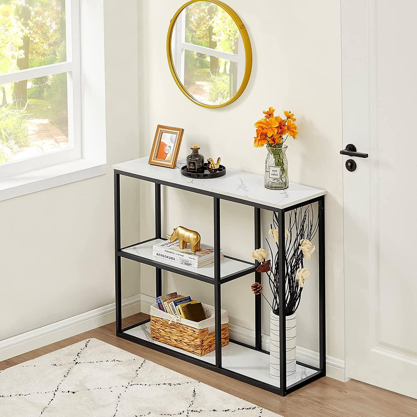 Modern Industrial Sofa Table with Storage Shelves