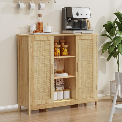 Storage Cabinet, Rattan Cabinet with 4 Adjustable Shelves, Coffee Bar