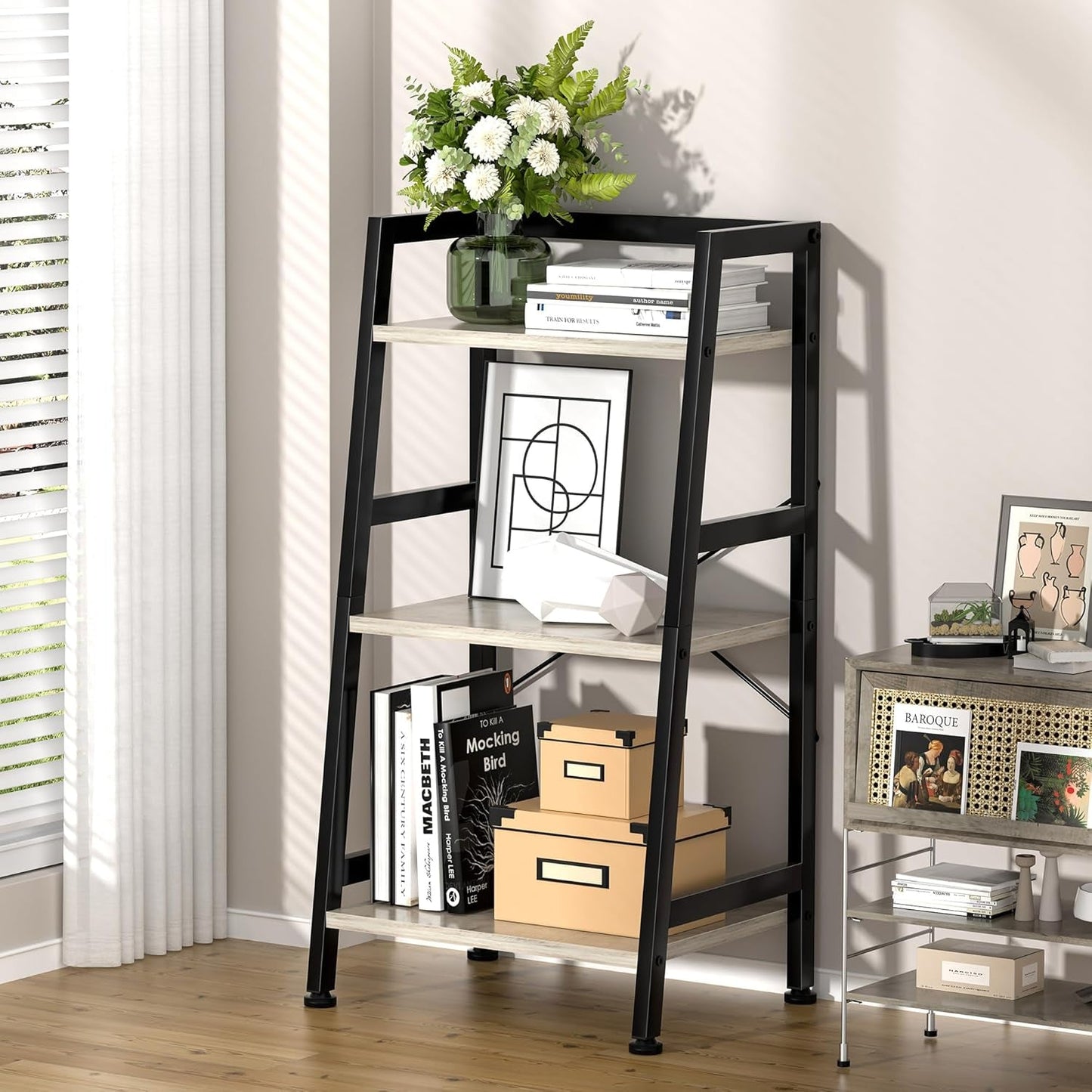 3-Tier Bookshelf, Ladder Shelf, Stand up Shelves, Industrial Bookcase