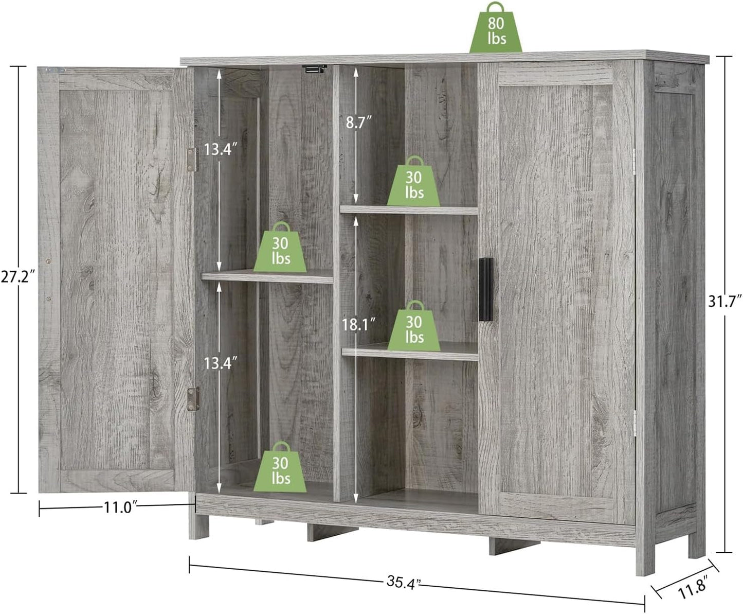 Storage Cabinet with 2 Doors and 4 Adjustable Shelves, Buffet Cabinet