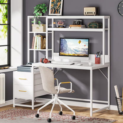 55 Inch Computer Desk with 2 Drawers and Storage Shelves, Rustic