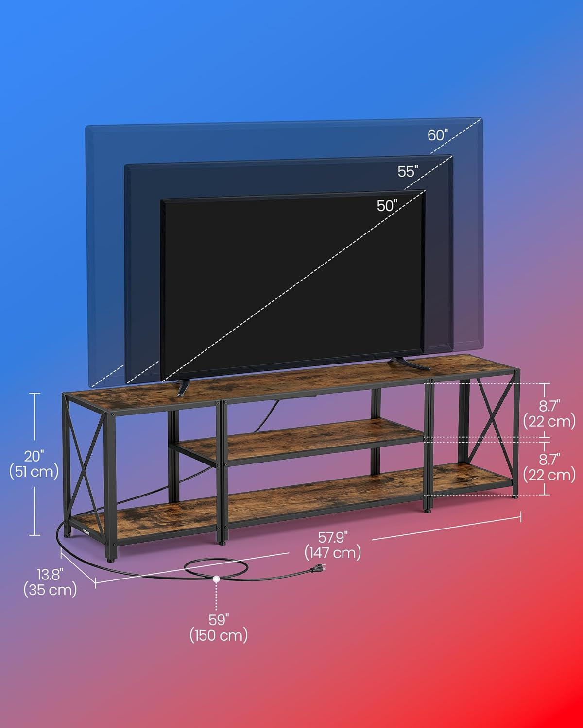 TV Stand with Power Outlets and LED Lights, for Tvs up to 60 Inches,