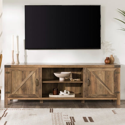 Rustic Farmhouse Double Barn Door TV Stand For TVs With Center Shelves