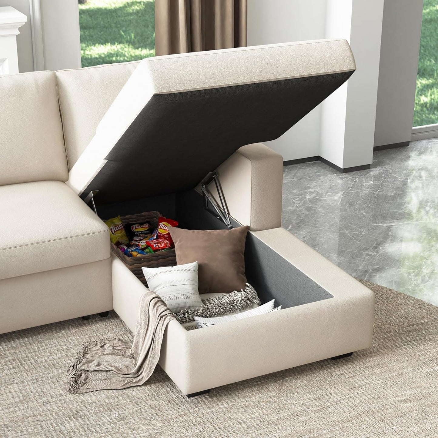 Beige U-Shaped Sectional Sleeper Storage, Velvet, Pullout Bed