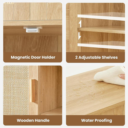 Storage Cabinet, Rattan Cabinet with 4 Adjustable Shelves, Coffee Bar
