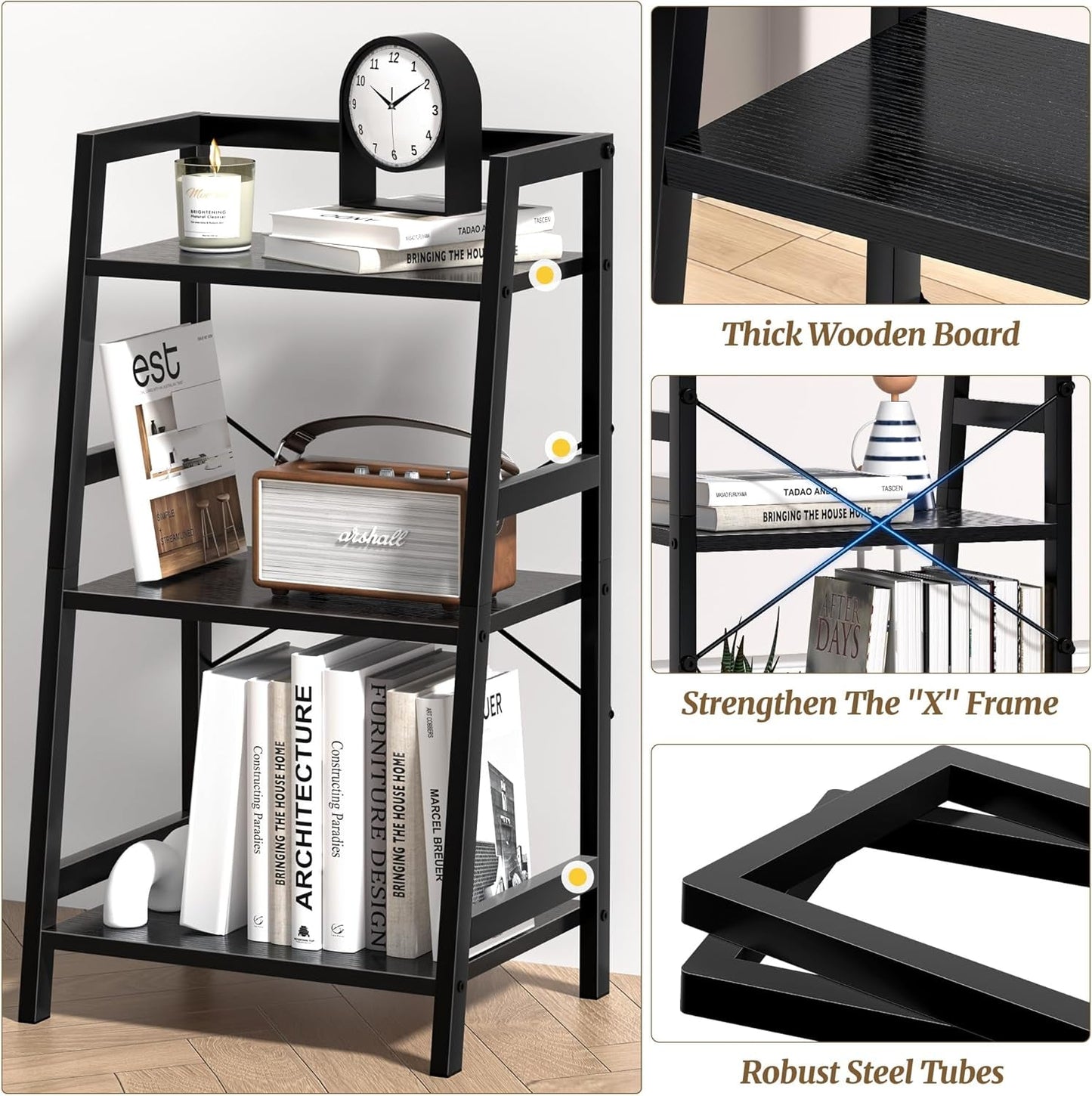 3-Tier Bookshelf, Ladder Shelf, Stand up Shelves, Industrial Bookcase
