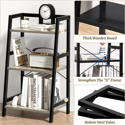 3-Tier Bookshelf, Ladder Shelf, Stand up Shelves, Industrial Bookcase