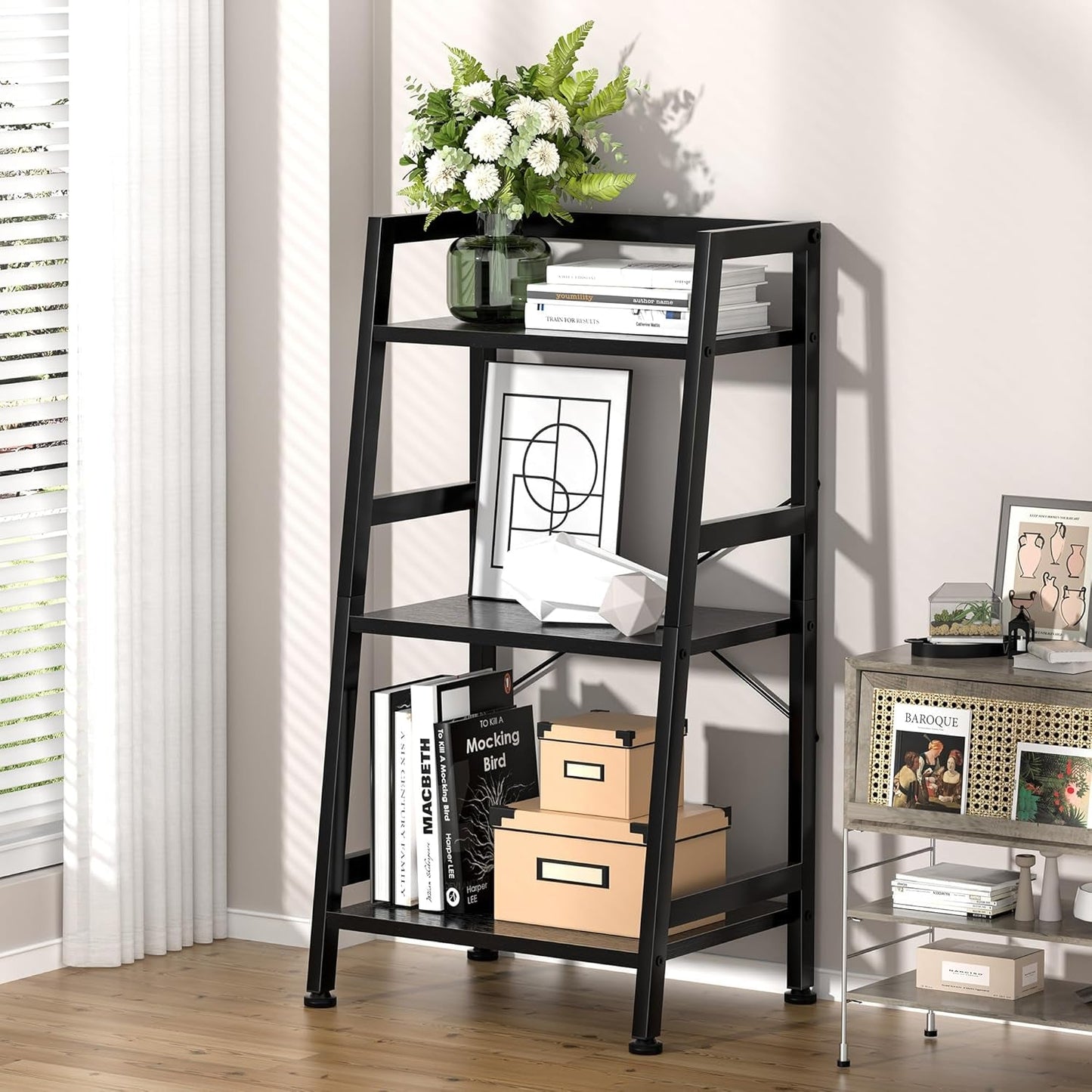 3-Tier Bookshelf, Ladder Shelf, Stand up Shelves, Industrial Bookcase