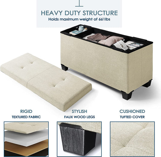 Multi-Functional Ivory Ottoman with Storage Bins