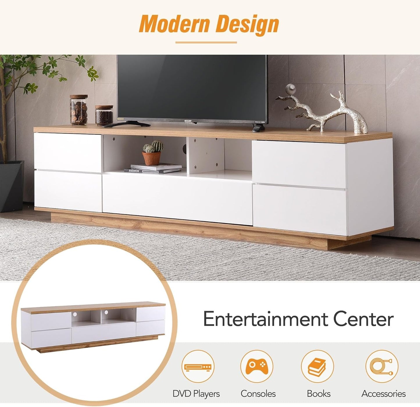 Wood TV Stand Entertainment Center with Storage Cabinets & Open