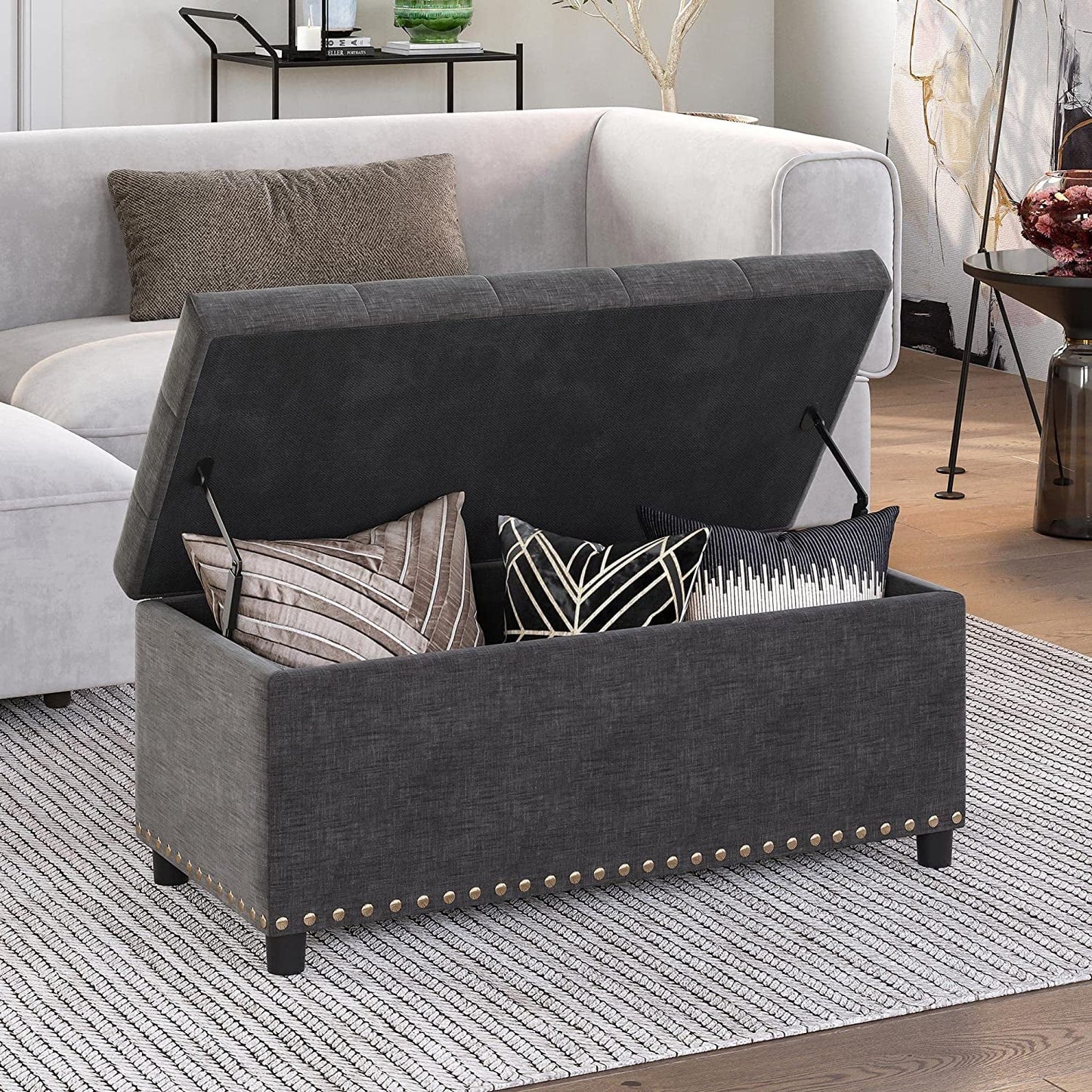 Button-Tufted Ottoman with Storage - Dark Grey