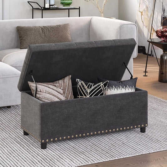 Button-Tufted Ottoman with Storage - Dark Grey