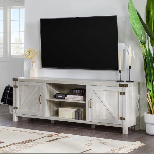 Rustic Farmhouse Double Barn Door TV Stand For TVs With Center Shelves