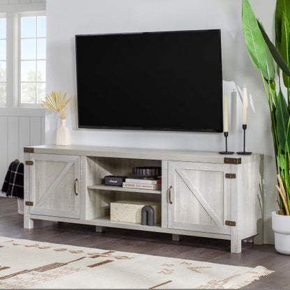 Rustic Farmhouse Double Barn Door TV Stand For TVs With Center Shelves