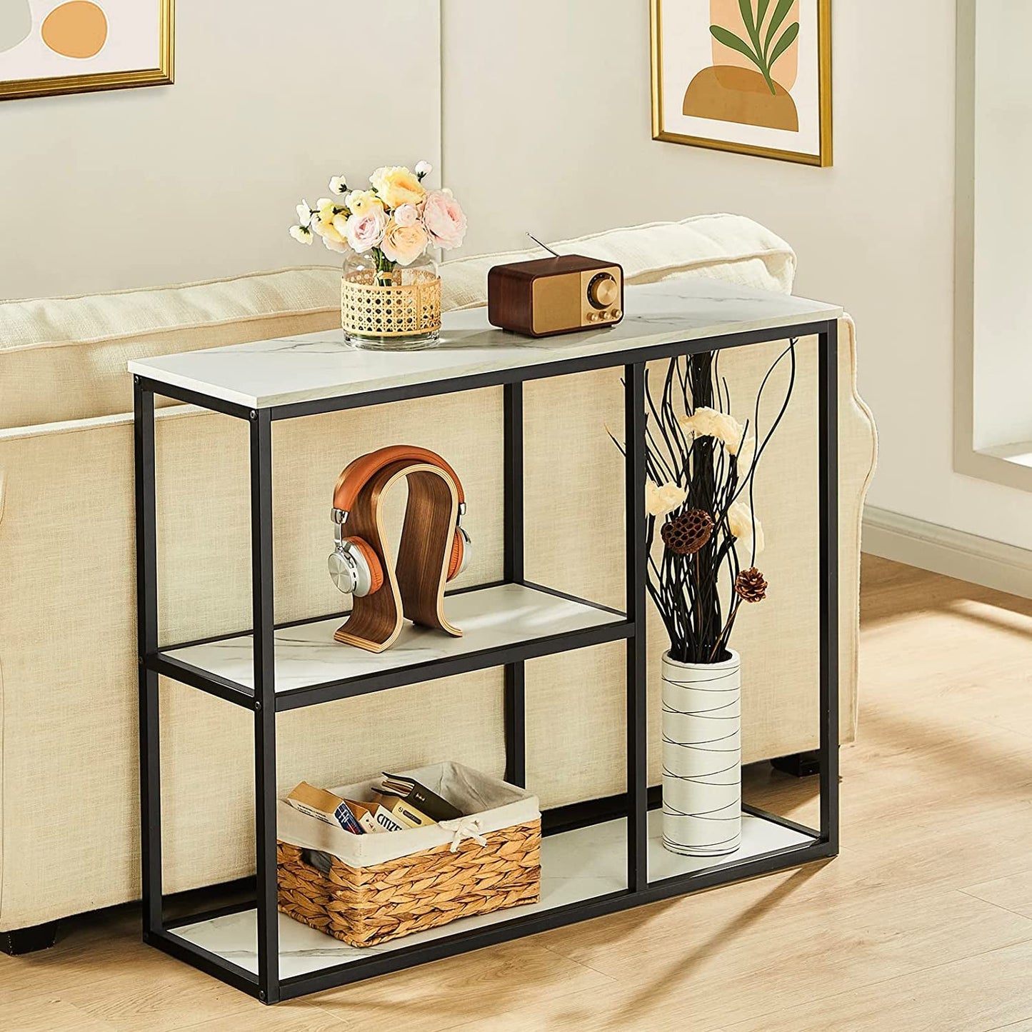 Modern Industrial Sofa Table with Storage Shelves