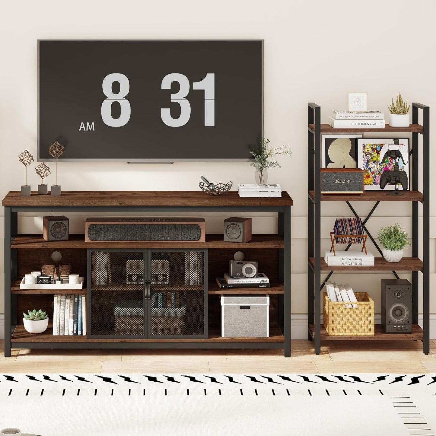 Tall TV Stand for Tvs up to 65 Inch, Industrial Wood Entertainment