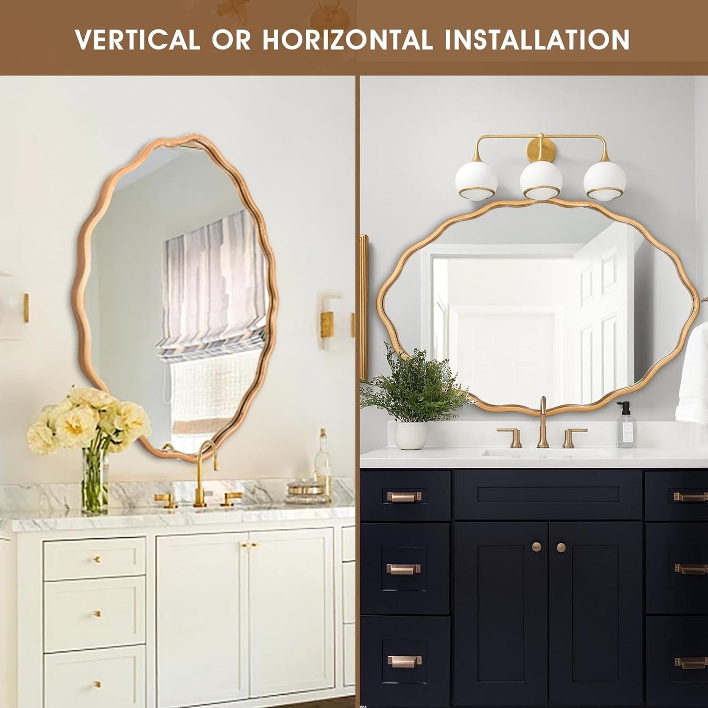Large Modern Brushed Gold Oval Ripple Bathroom Mirror - Wall Mounted,