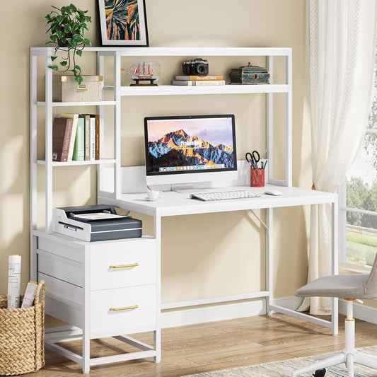 55 Inch Computer Desk with 2 Drawers and Storage Shelves, Rustic