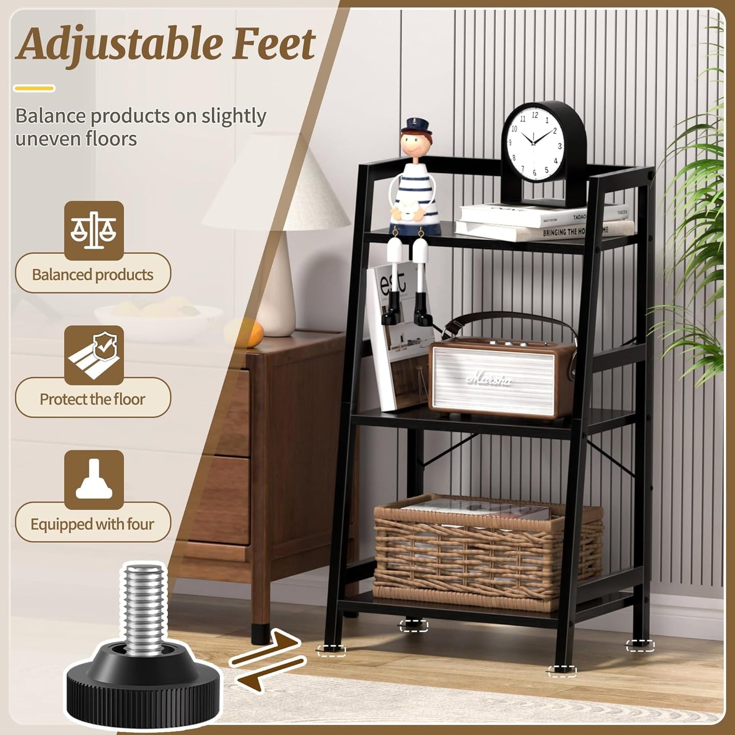 3-Tier Bookshelf, Ladder Shelf, Stand up Shelves, Industrial Bookcase